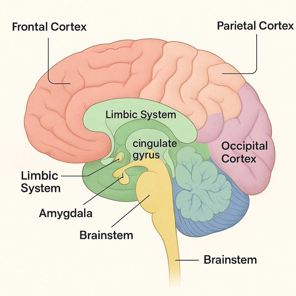 Labeled brain illustration showing limbic system, amygdala, frontal cortex, hypothalamus, reward pathways, and default mode network